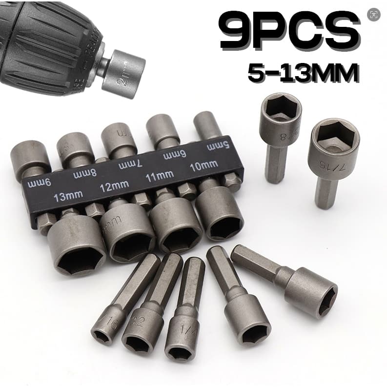 9 peças Chaves de soquete para chaves de fenda, disponíveis em tamanhos de 5 a 13 mm. LUM3