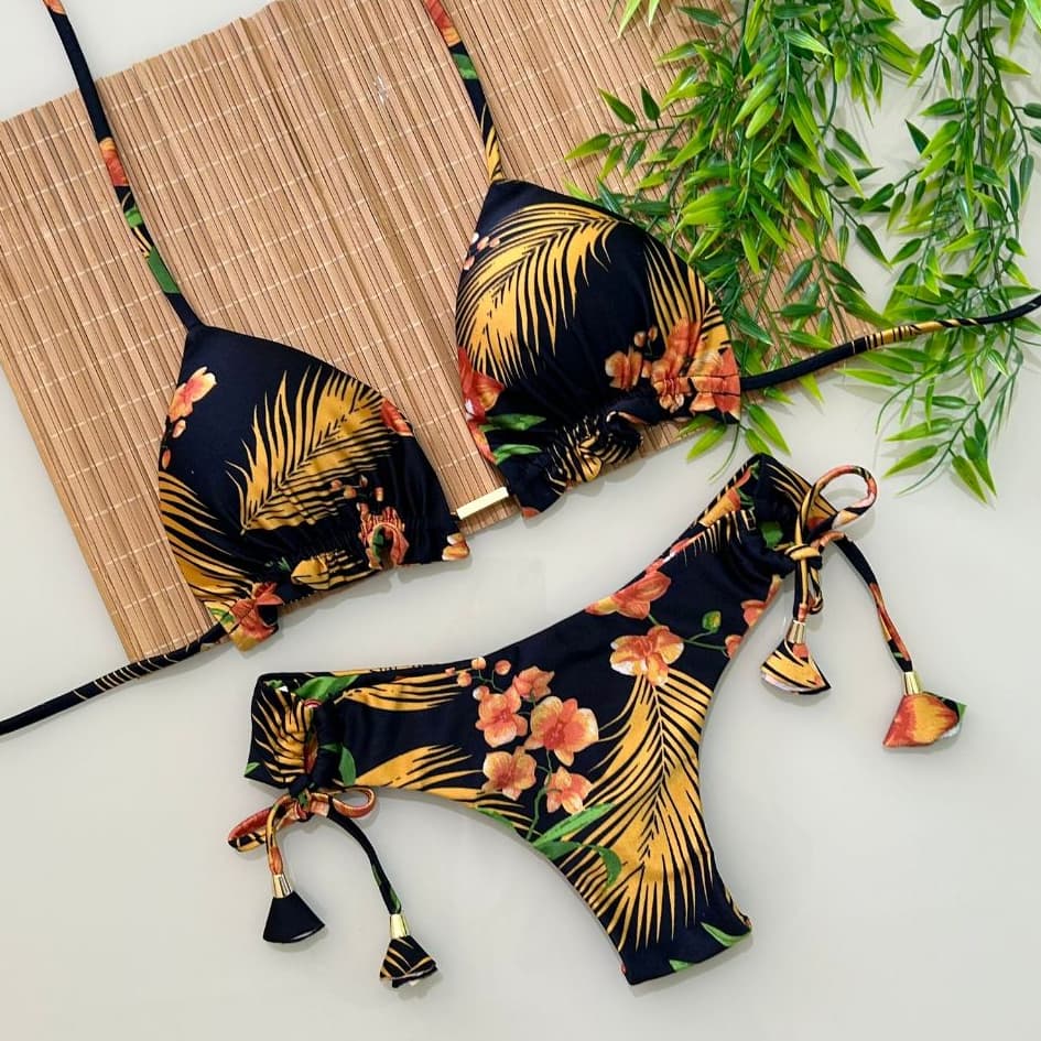 Biquíni Cortininha Fio Duplo Floral Dourado com Bojo e Regulagem Moda Praia NAYKLÊ