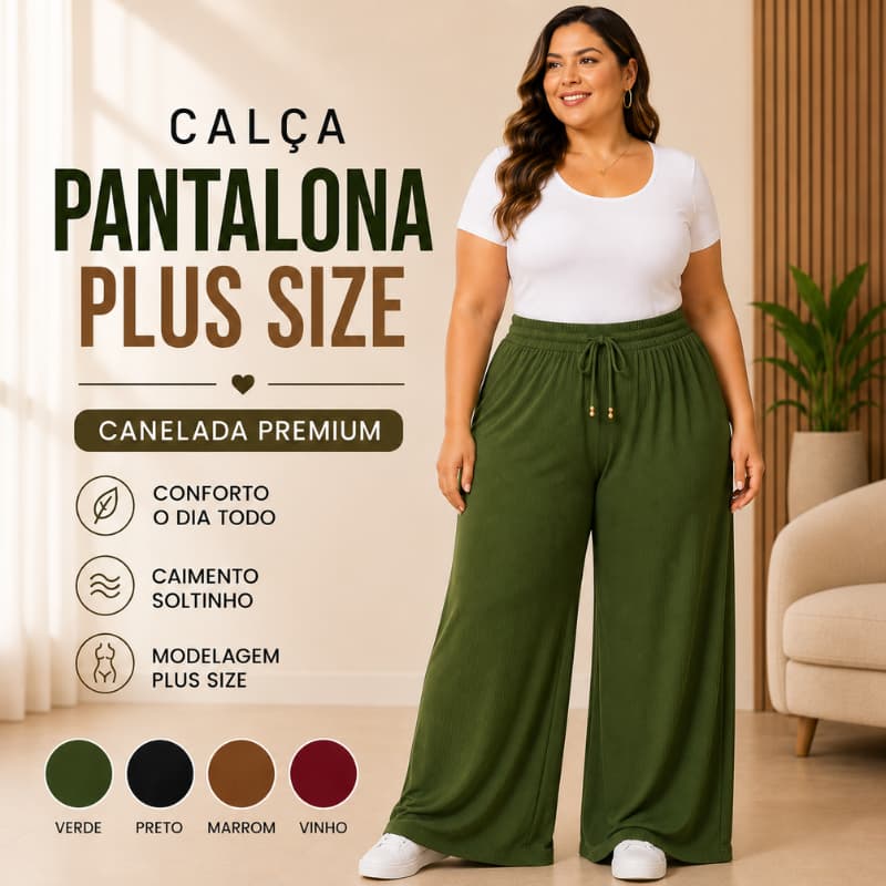 Calça Pantalona Plus Size Feminina Canelada Cós Elástico Soltinha Confortável G1 G2 G3  |3067| Lançamento
