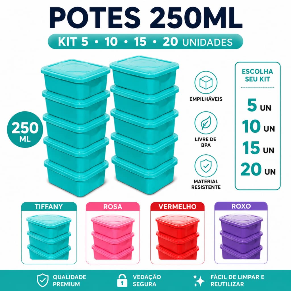 Kit Potes Plástico 250ml com Tampa Porta Mantimentos Temperos Frutas Festas e Sobremesas