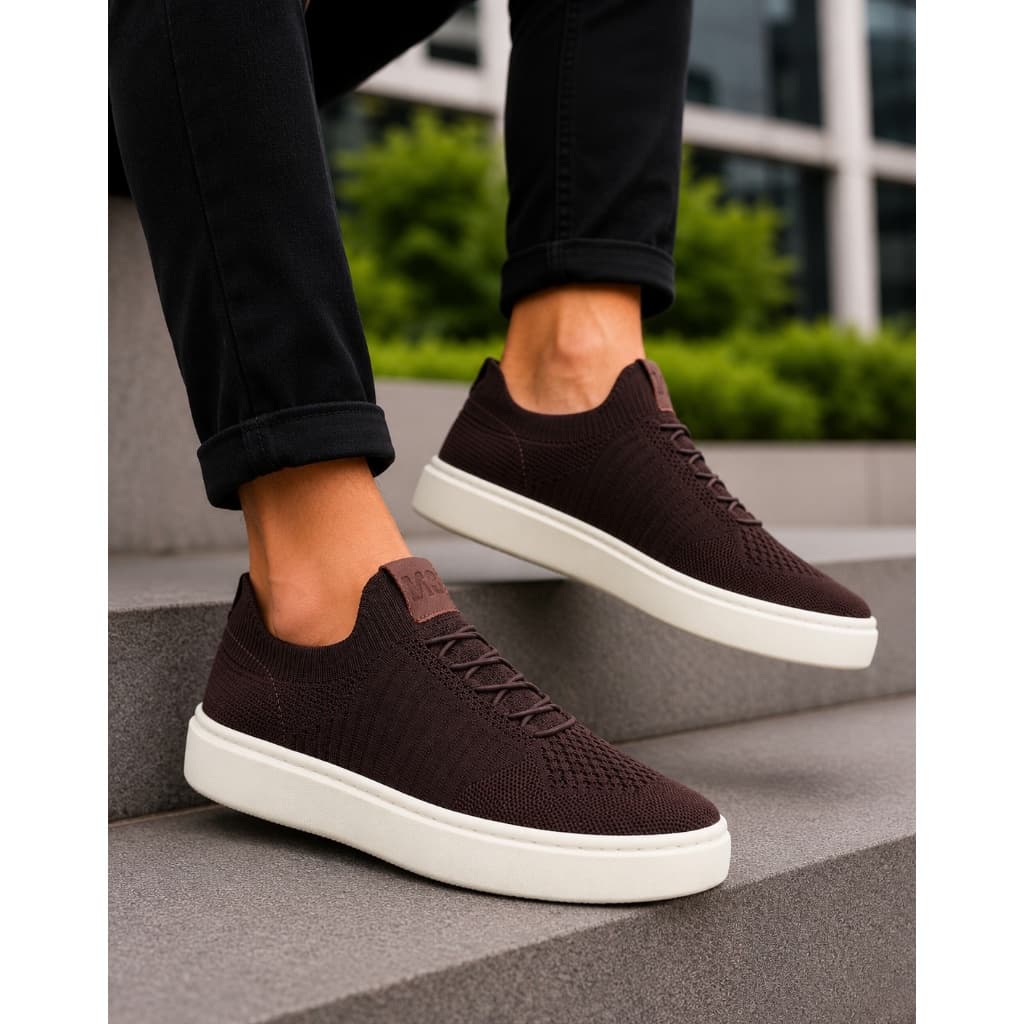Tênis Casual Knit Masculino Slip Moderno Leve Confortável Marrom Café