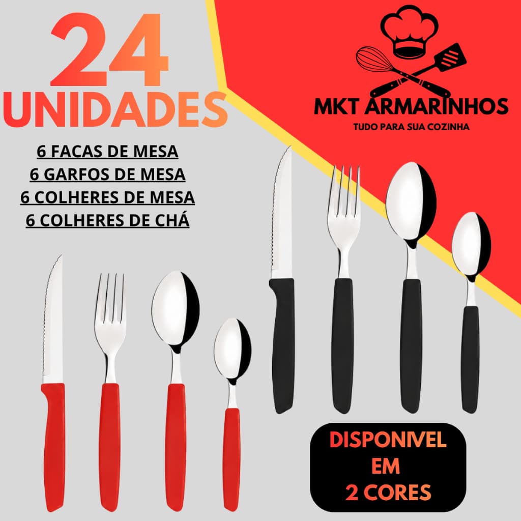 Kit Talheres 24 Peças Inox Jogo de Talheres Completo Faqueiro 6 Pessoas Facas Garfos Colheres Cabo Plástico Mesa Jantar