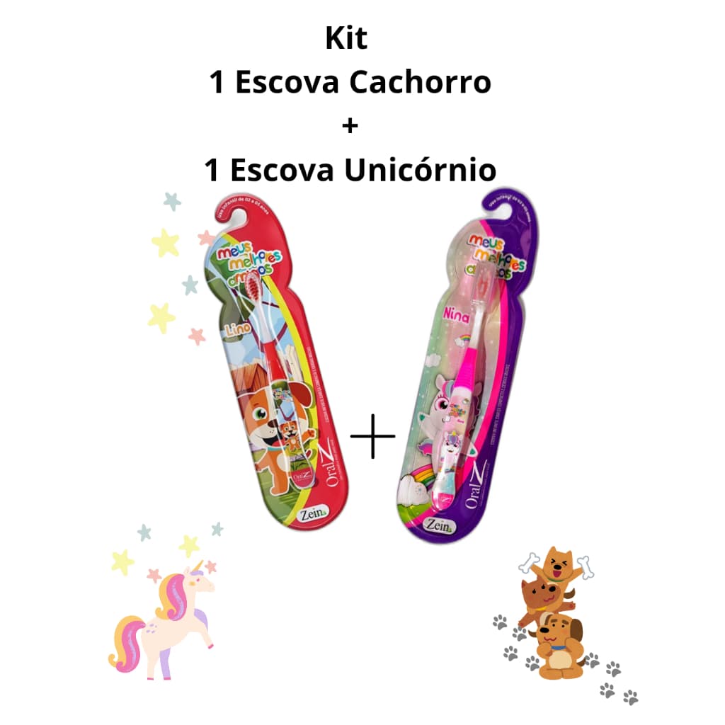Kit 2 Escovas De Dentes Macias Infantil 1 Cachorro Vermelho + 1 Unicórnio Rosa Criança Menino Menina