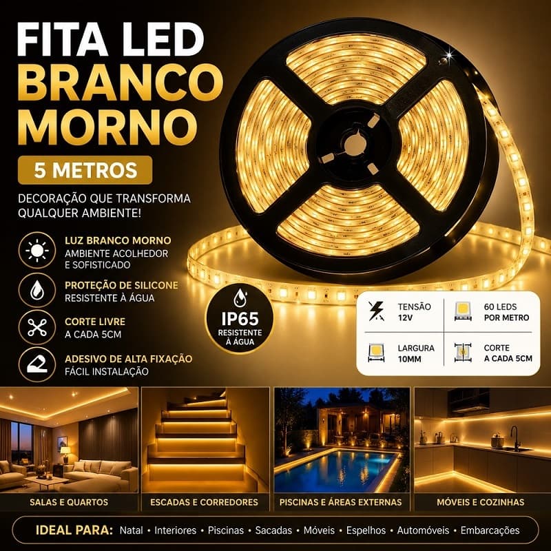 Fita Led Branco Morno Amarela 5 Metros Dupla Face 12v