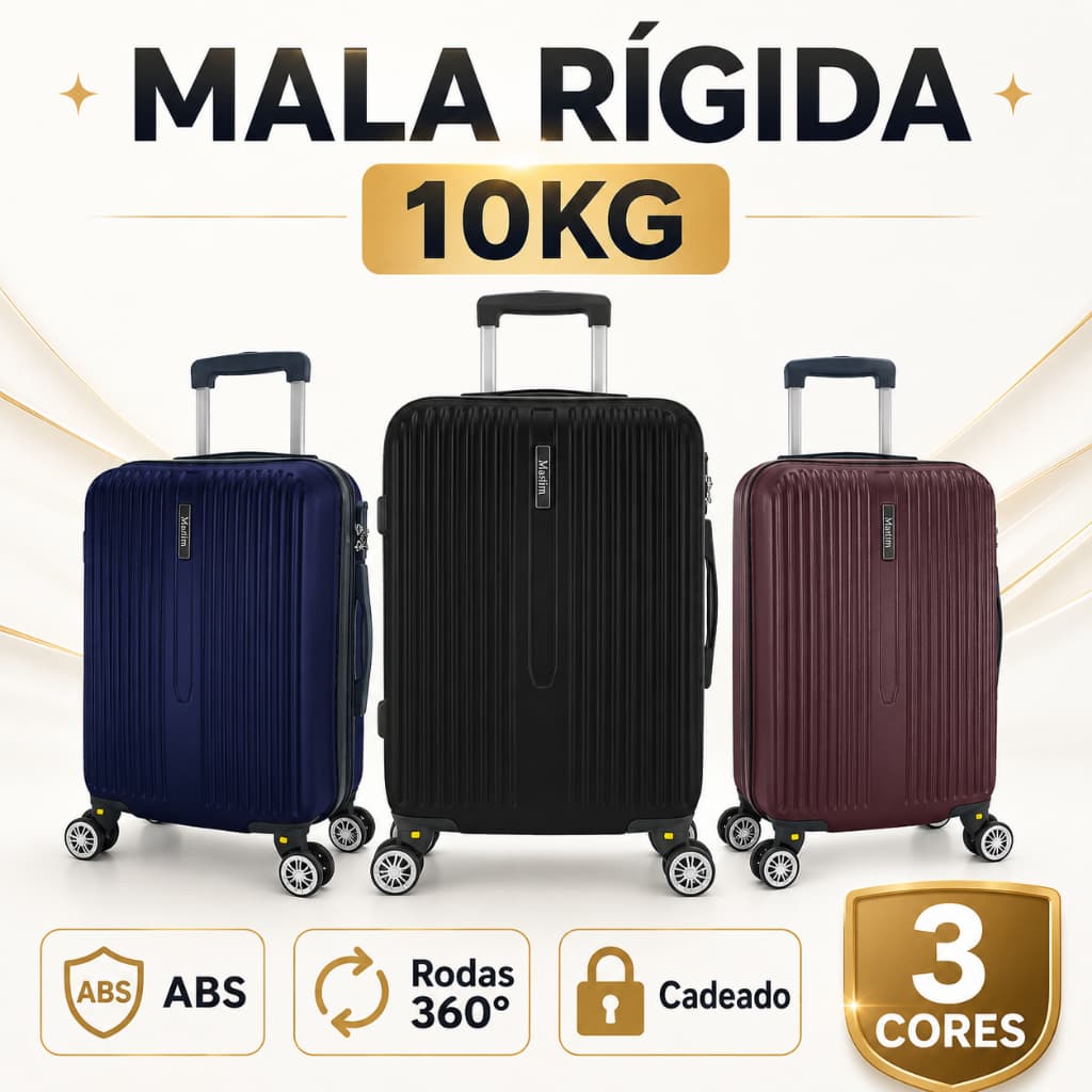 Mala de Viagem Rígida 10kg | ABS | Rodas 360° Removíveis | Cadeado embutido