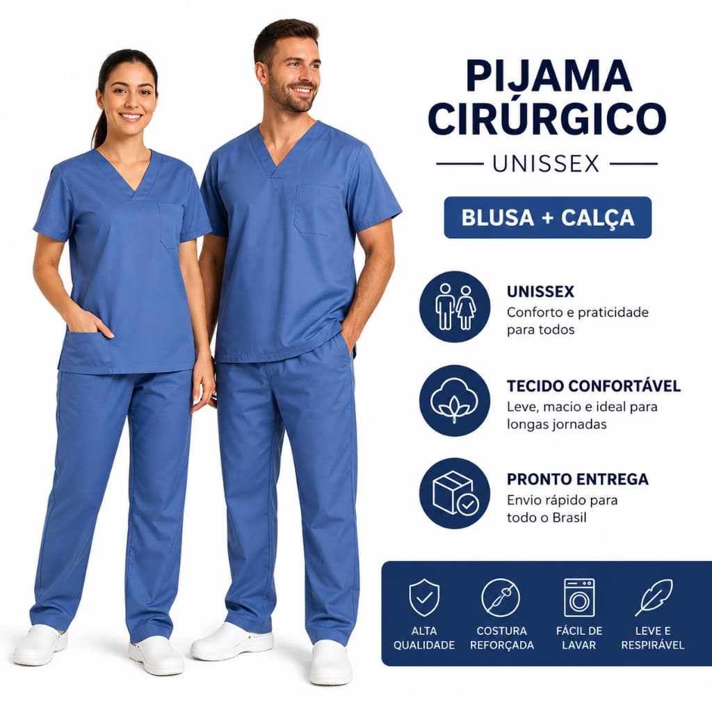 Pijama Cirúrgico Unissex Azul Scrub Hospitalar Blusa E Calça Enfermagem Medicina Odontologia Clínica