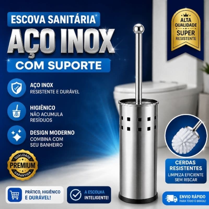 Escova Sanitária Inox com Suporte Premium | Resistente, Higiênica e Moderna | Banheiro | Organização