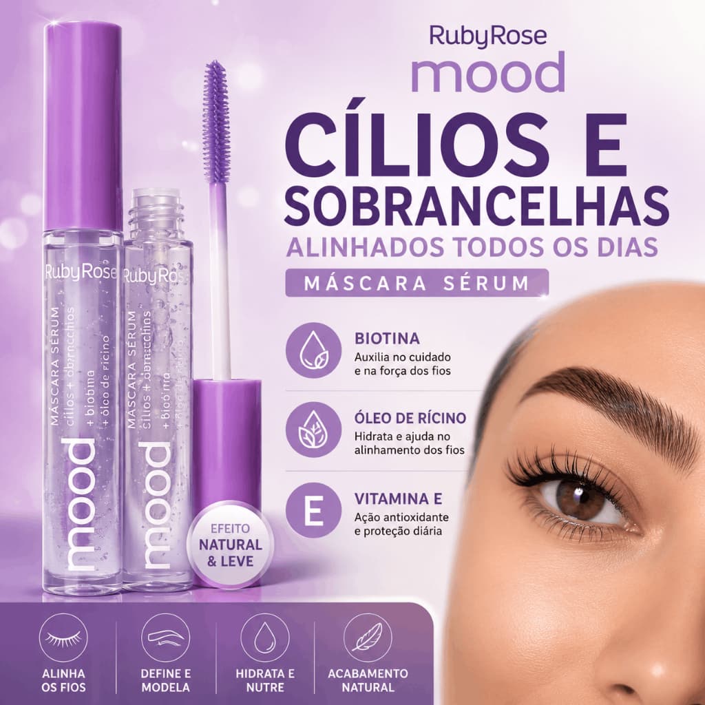 Máscara Serum Ruby Rose Mood  - Para Cílios e Sobrancelhas Incolor Biotina Oleo De Ricino Vitamina E
