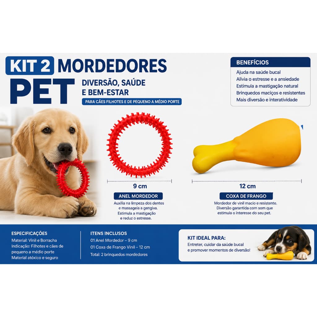 Kit 2 Brinquedos Mordedor Cachorro Pet Anel Dental 9cm + Coxa Vinil 12cm