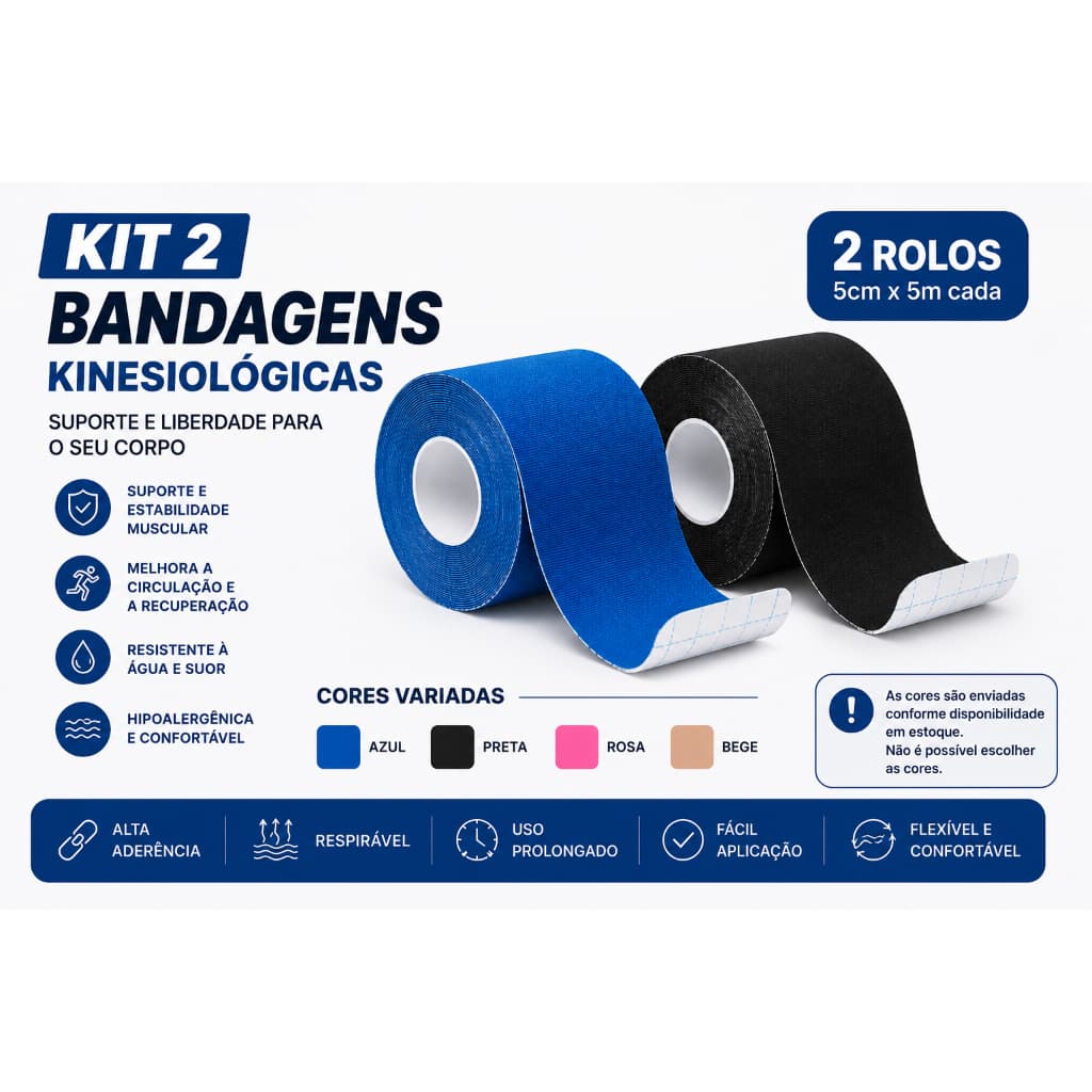 KIT 2 BANDAGENS VARIADAS KINESIO ADESIVA FISIOTERAPICA SUPORTE MUSCULAR ALIVIO DOR PREVENÇÃO DE LESÕES