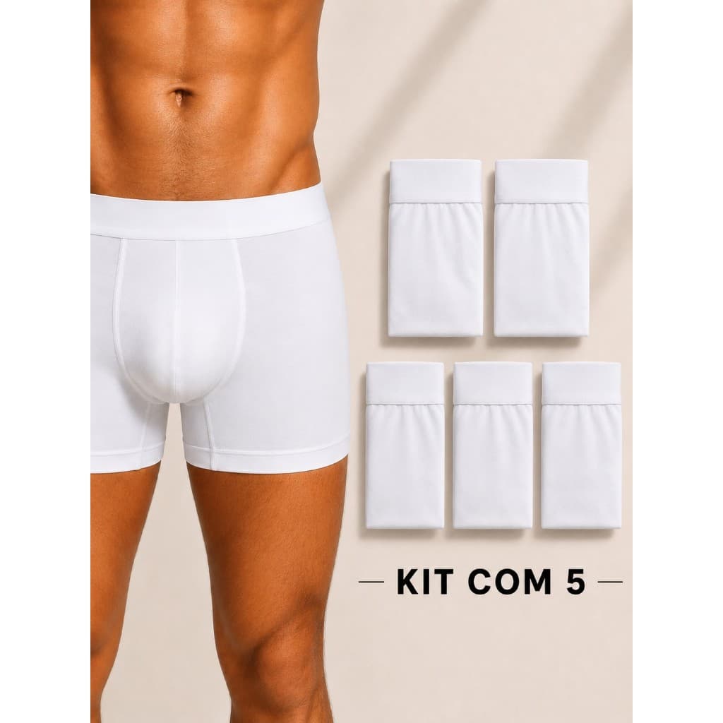 Kit Com 5 Cuecas Boxer De Microfibra Adulto Box Masculina Lisas Brancas
