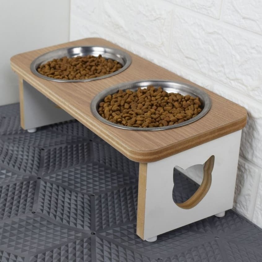 Comedouro Bebedouro PET Duplo Elevado Gato MDF Tigela Inox 300ml modelo Tradicional