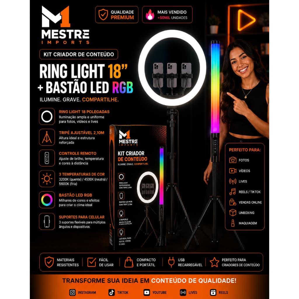 Ring Light LED profissional 19 poregdas 48cm 448 Leds original Bastao de led +tripe E controle completo Hinglight