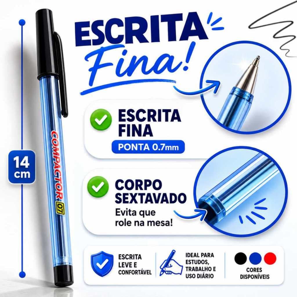Kit Caneta Compactor Esferográficas Escrita Fina 0.7mm cores Azul Preto Vermelho ORIGINAL Material Escolar Papelaria