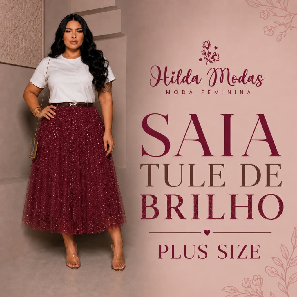 Saia PLUS SIZE G1, G2, G3, G4 Tule Cristal Midi Brilho Glitter forrada Moda evangélica Fardamento Festividade Congresso