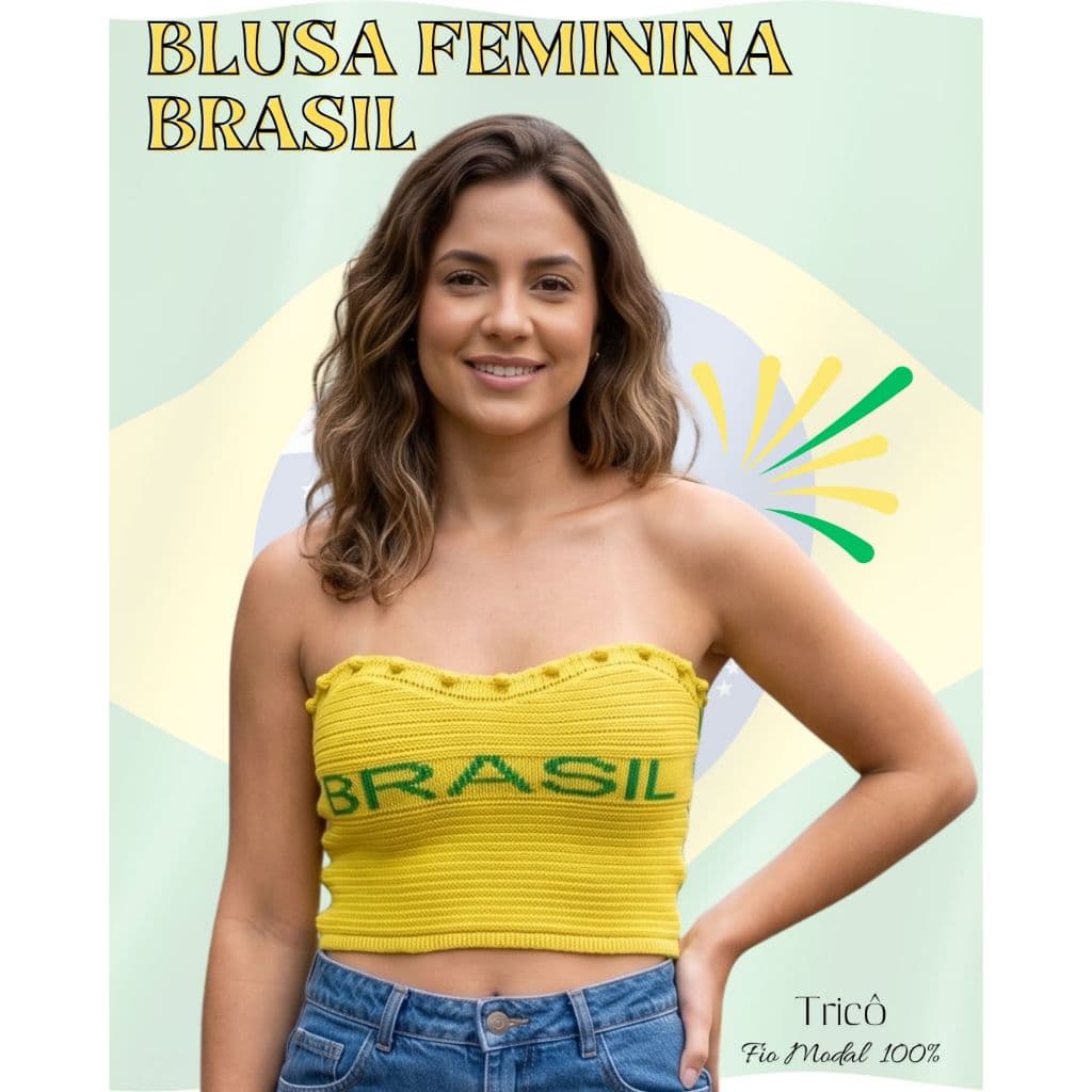 Blusa Cropped Tomara que Caia em Tricot Brasil Tricô Estampado Canelado Detalhado Esportivo Casual