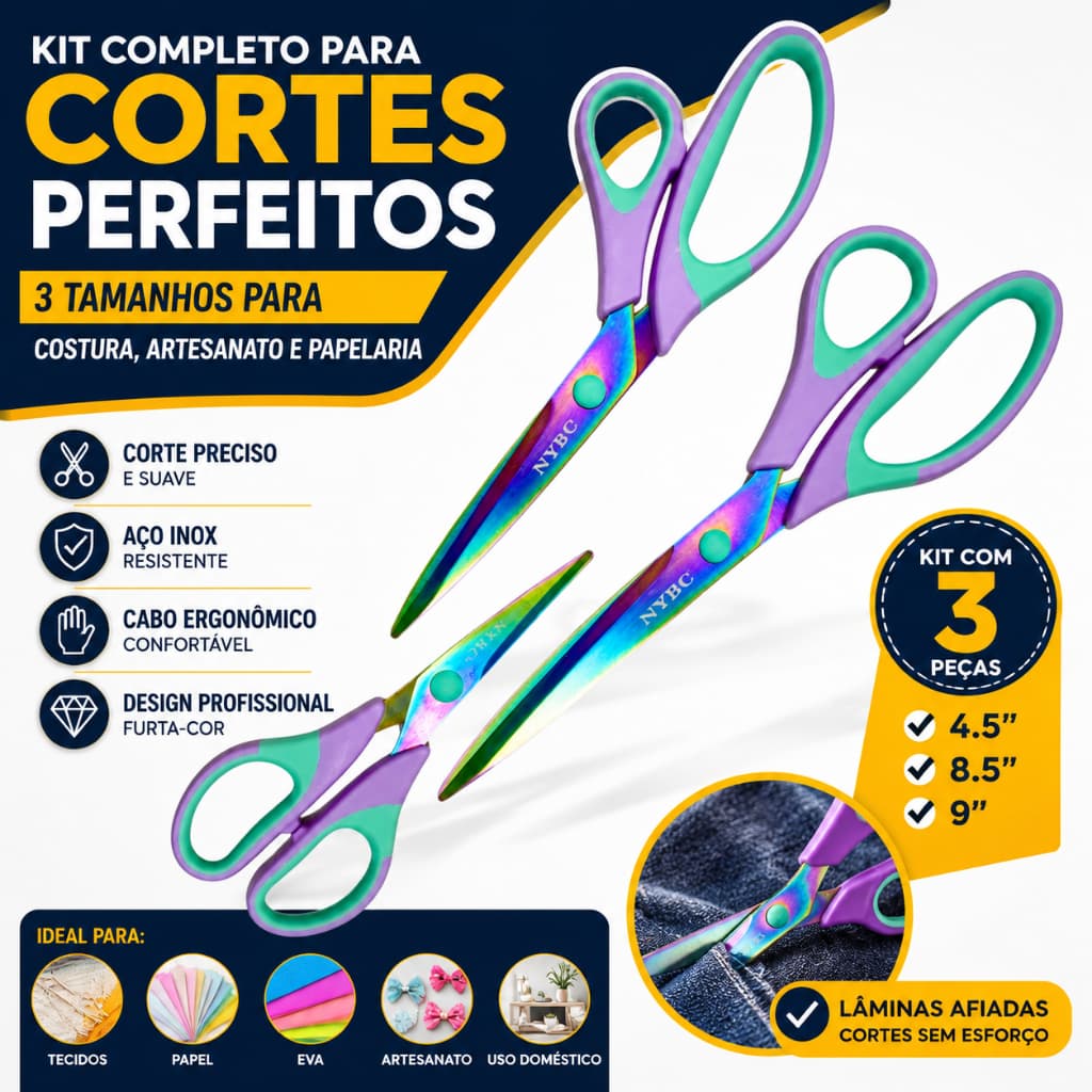 Kit 3 Tesouras Furta-Cor Aço Inox Profissional 4.5 8.5 e 9 Polegadas Multiuso Costura Papelaria - BH