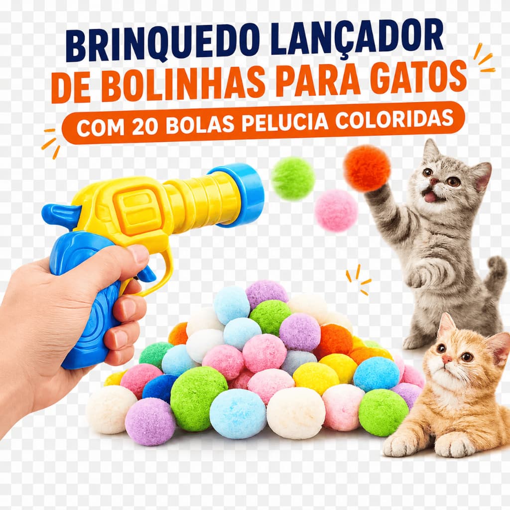 Brinquedo Para Gatos Lançador Bolinhas Pelúcia Coloridas Anti Stress Interativo Com 20 Bolinhas