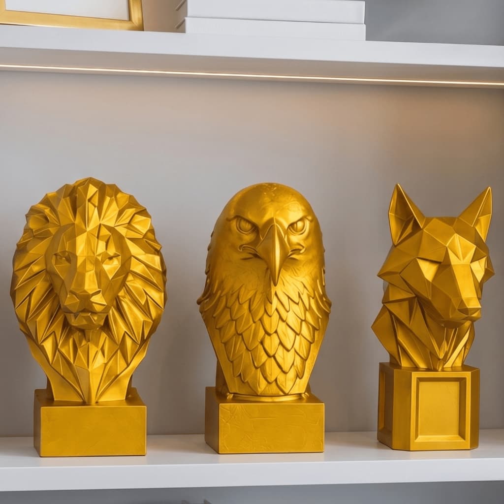 Kit 3 Esculturas de Animais em 3D Leão Águia e Lobo Decoração Sala e Escritório