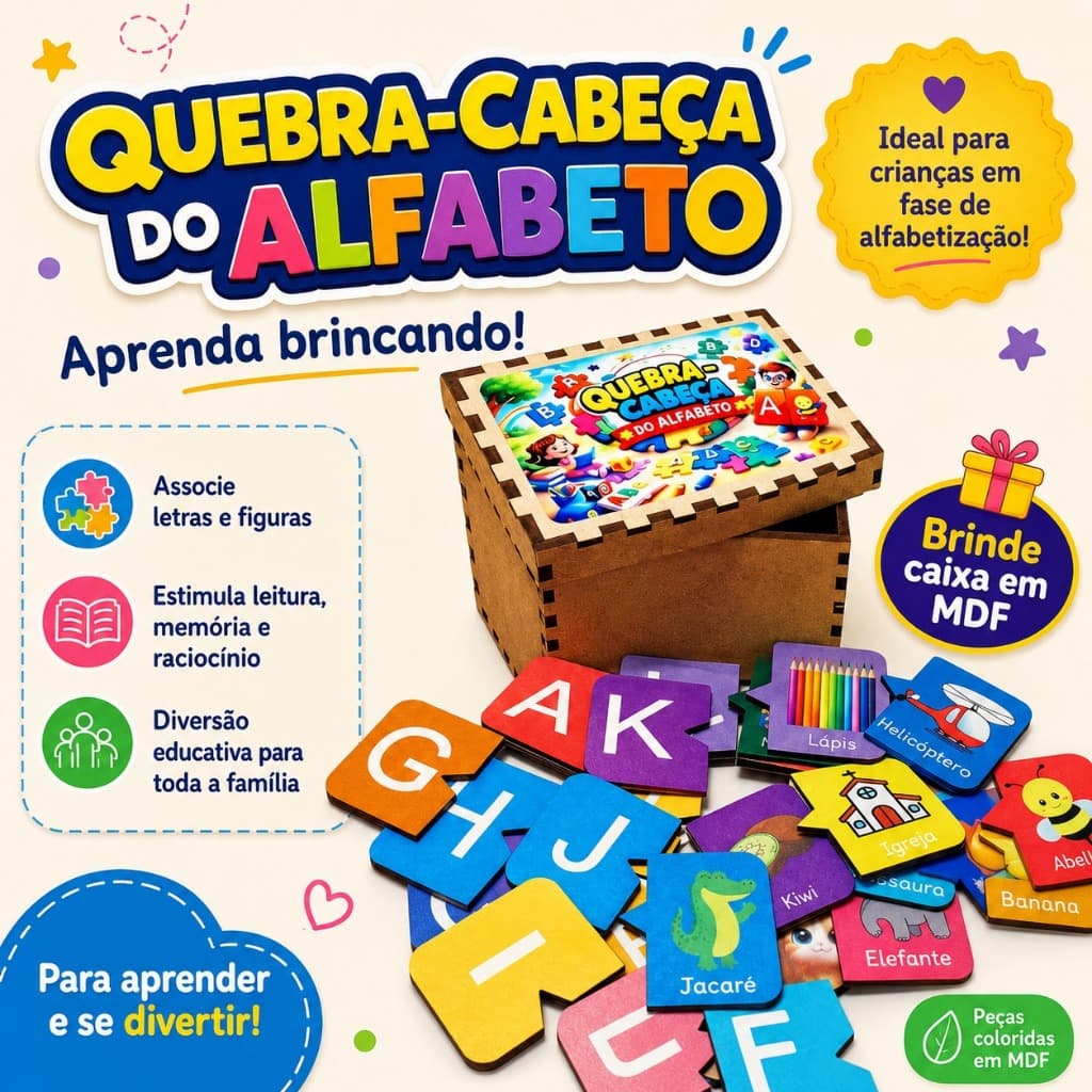 Quebra Cabeça Alfabeto  MDF Brinquedo Didático Infantil Pedagógico