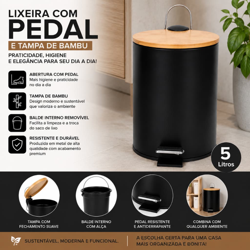 Lixeira com Pedal e Tampa de Bambu 5 Litros Preta Fosca – Moderna, Elegante e Higiênica