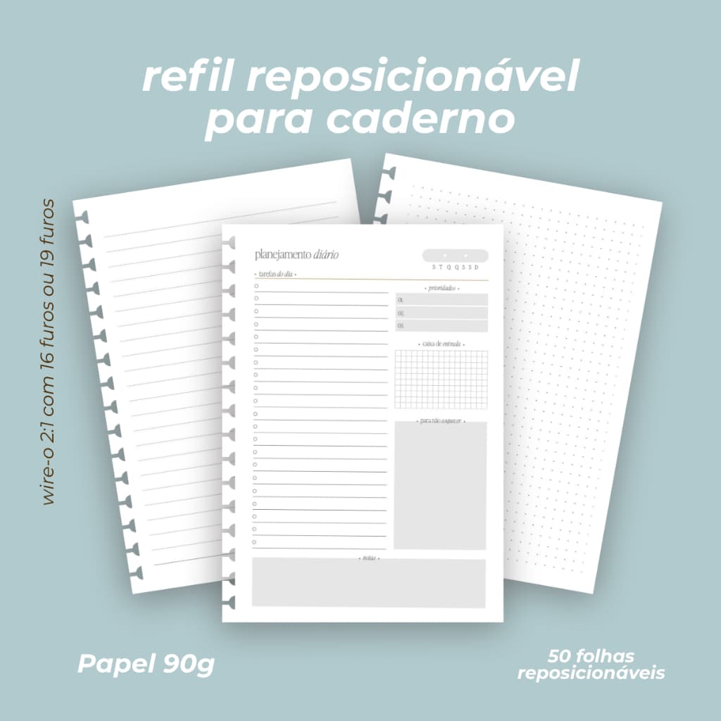 Refil para caderno Reposicionável A5 | 90g | Pautado, Pontilhado, Quadriculado, Liso ou Checklist
