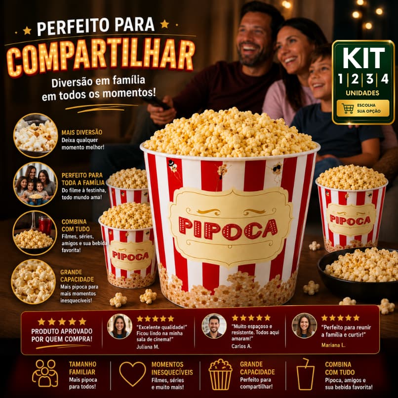 Balde de Pipoca 19,5cm Tamanho Família Grande 1/2/3/4 Cinema Festas Filmes Séries Reutilizável Resistente Premium
