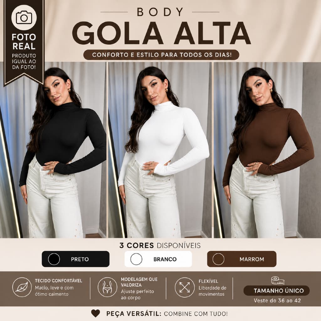 Body Manga Longa Gola Alta Cacharrel Feminina Suplex Premium Tamanho Único Veste P M G Casual