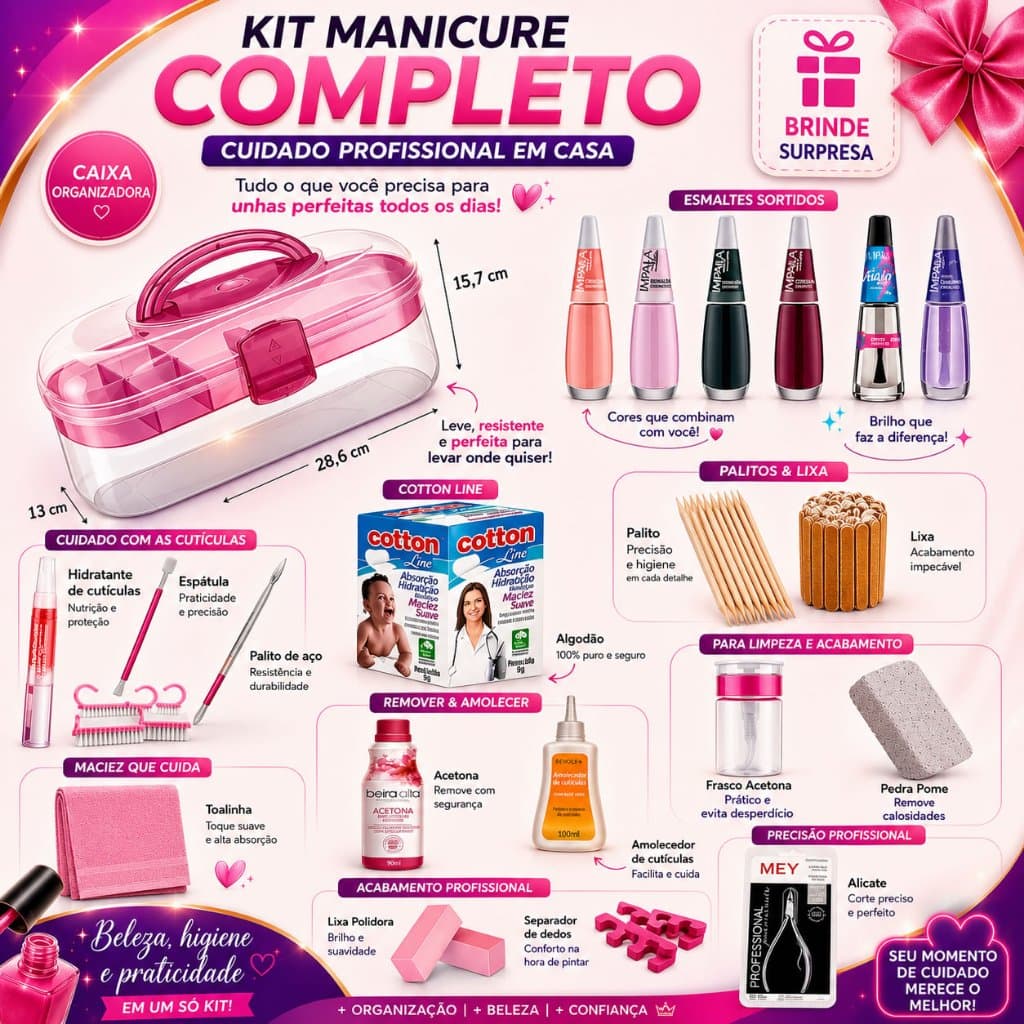Kit Maleta Organizadora  Completa de Manicure  Cuidados com as Unhas - Uso Profissional ou Pessoal