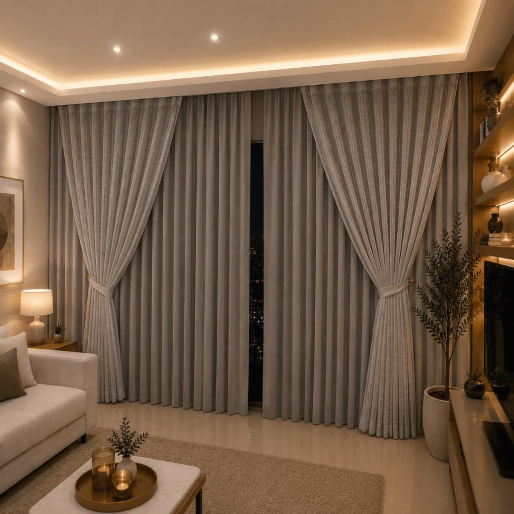 Cortina Linho Sala Quarto para Trilho Suíço 8,00 x 2,30/2,40/2,50/2,60/2,80 com Forro Microfibra