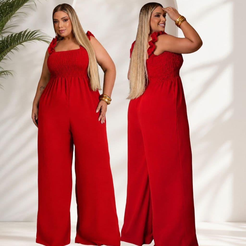 Macacão Plus Size Pantalona Longo Alça Franzida Caimento Leve Elegante e Confortavel Casual Moda Maior Chic.
