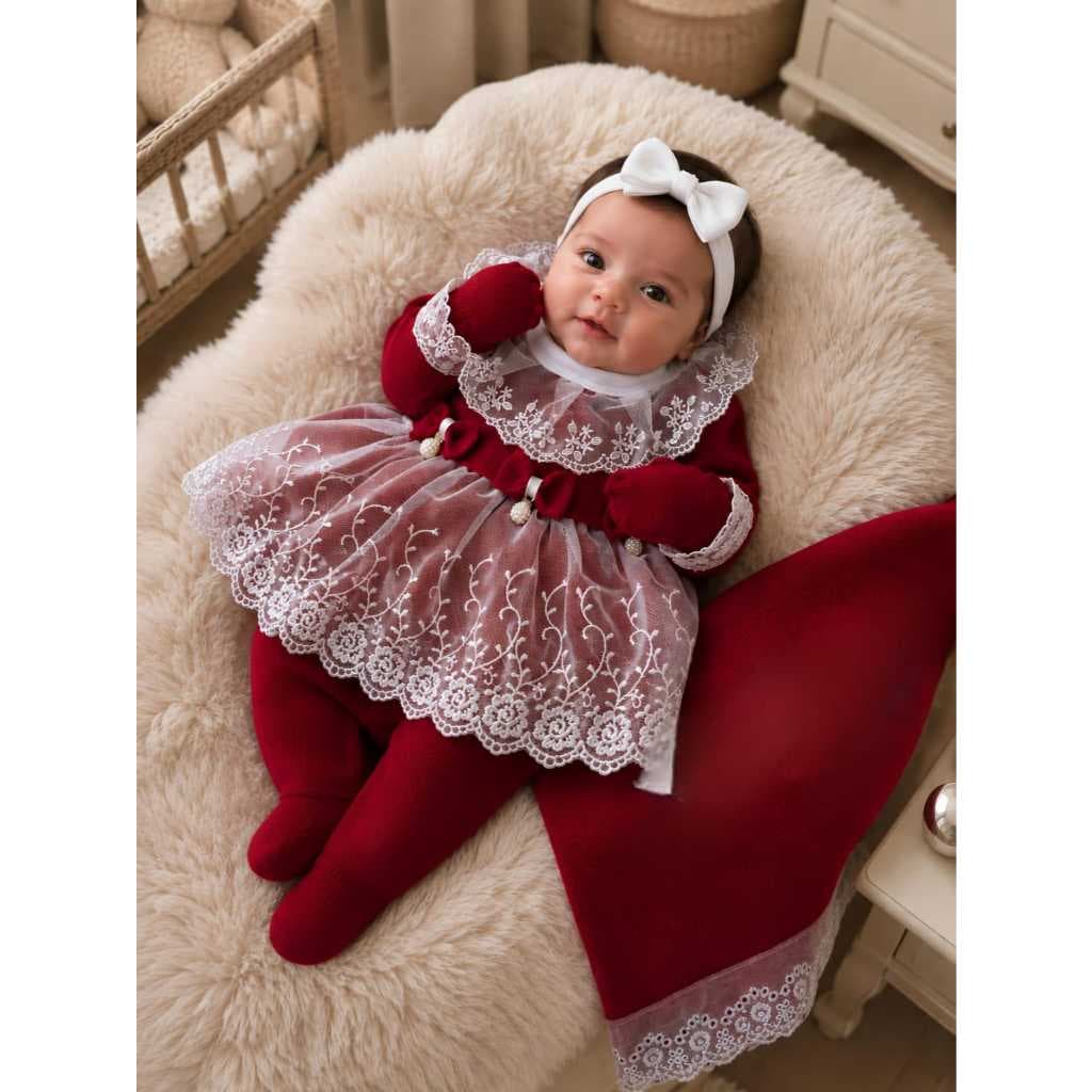 Kit Saída de Maternidade Menina 6 Peças em Tricô Completa: Vestido,calça, Body, Manta, Luvas e Tiara