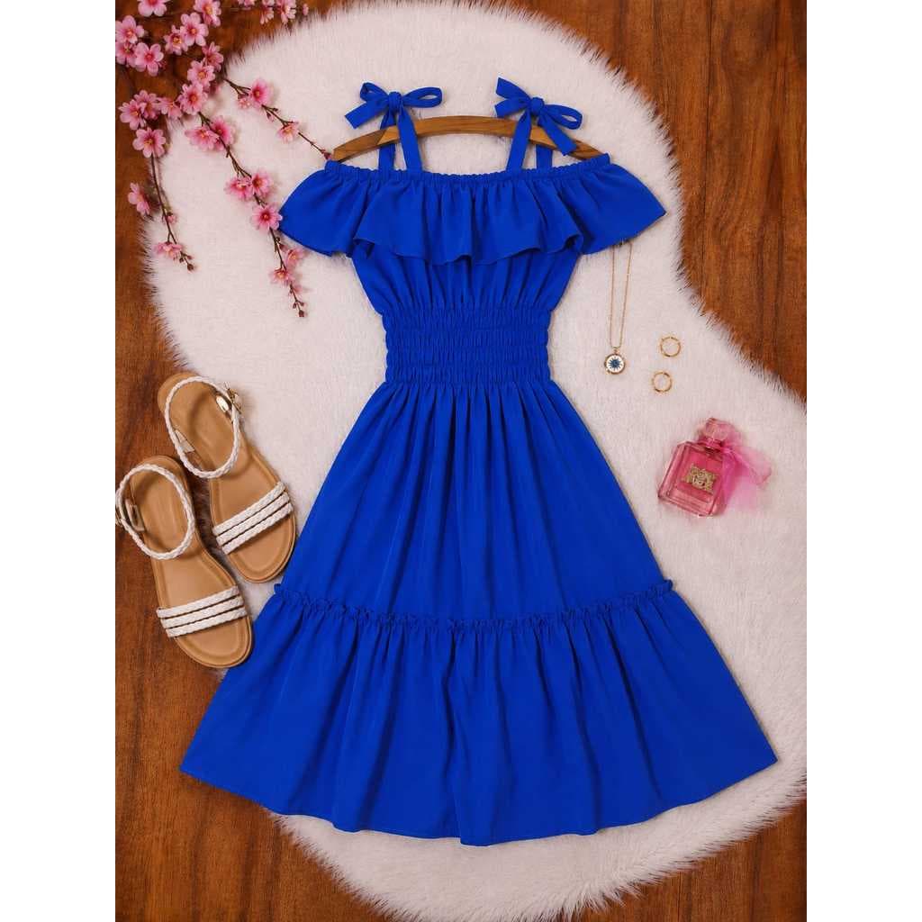 Vestido Juvenil Midi Feminino Liso com Lastex Elegante Verão