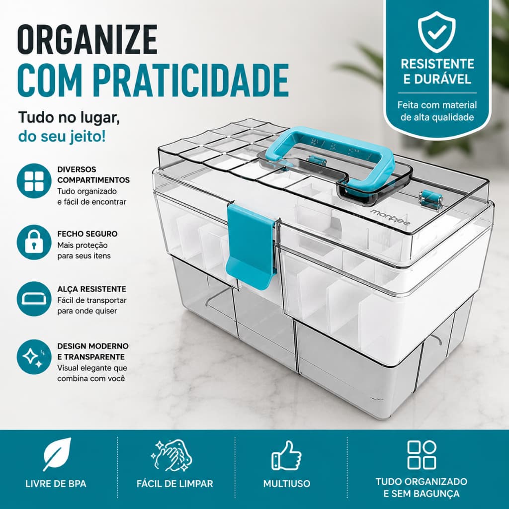 Maleta Organizadora Cristal Crippa com Bandeja Interna e Divisórias Azul Turquesa Premium