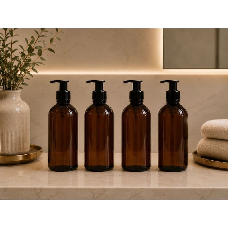 Kit 4 Frascos Âmbar 500ml com Bombas Pretas para Produtos de Cuidado Pessoal
