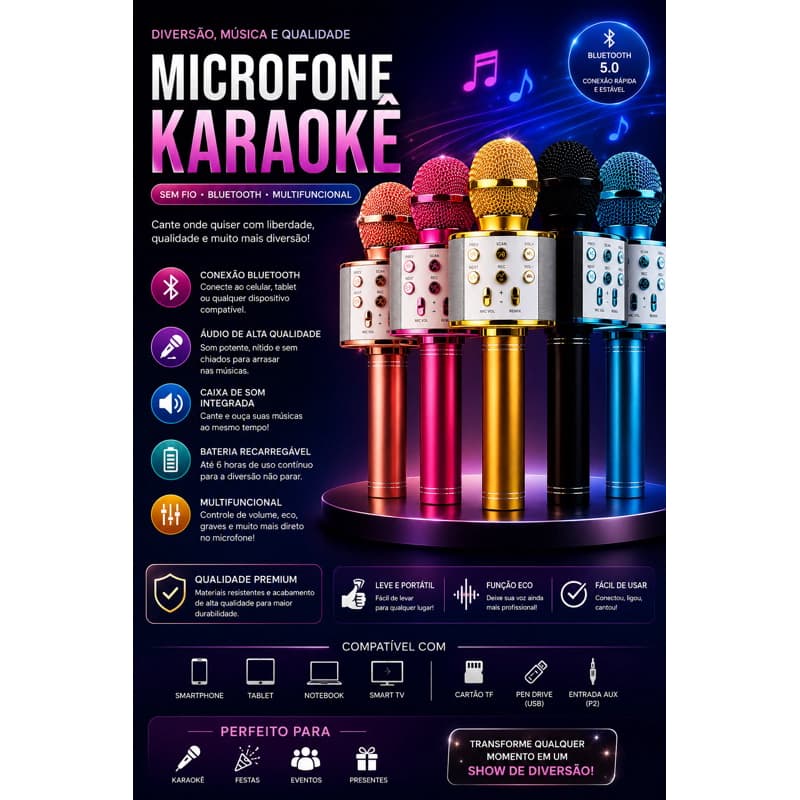Microfone Karaokê Bluetooth com Efeito de Voz, Gravação e Função Selfie CORES ALEATÓRIAS