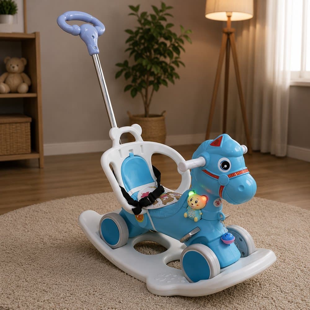 Bebe Cavalinho Divertido 3 Em 1 Balanço Luz Sons Empurrador Infantil Azul