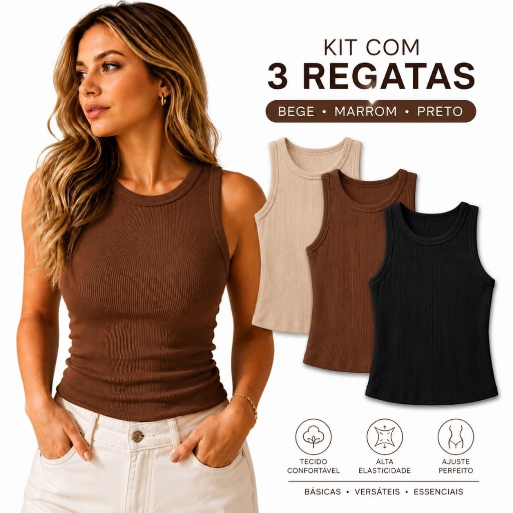 KIT 3 Regatas Caneladas Femininas Premium Blusinha Basica Bege Marrom Preto Azul  Rosa Branco | Ajuste Perfeito.