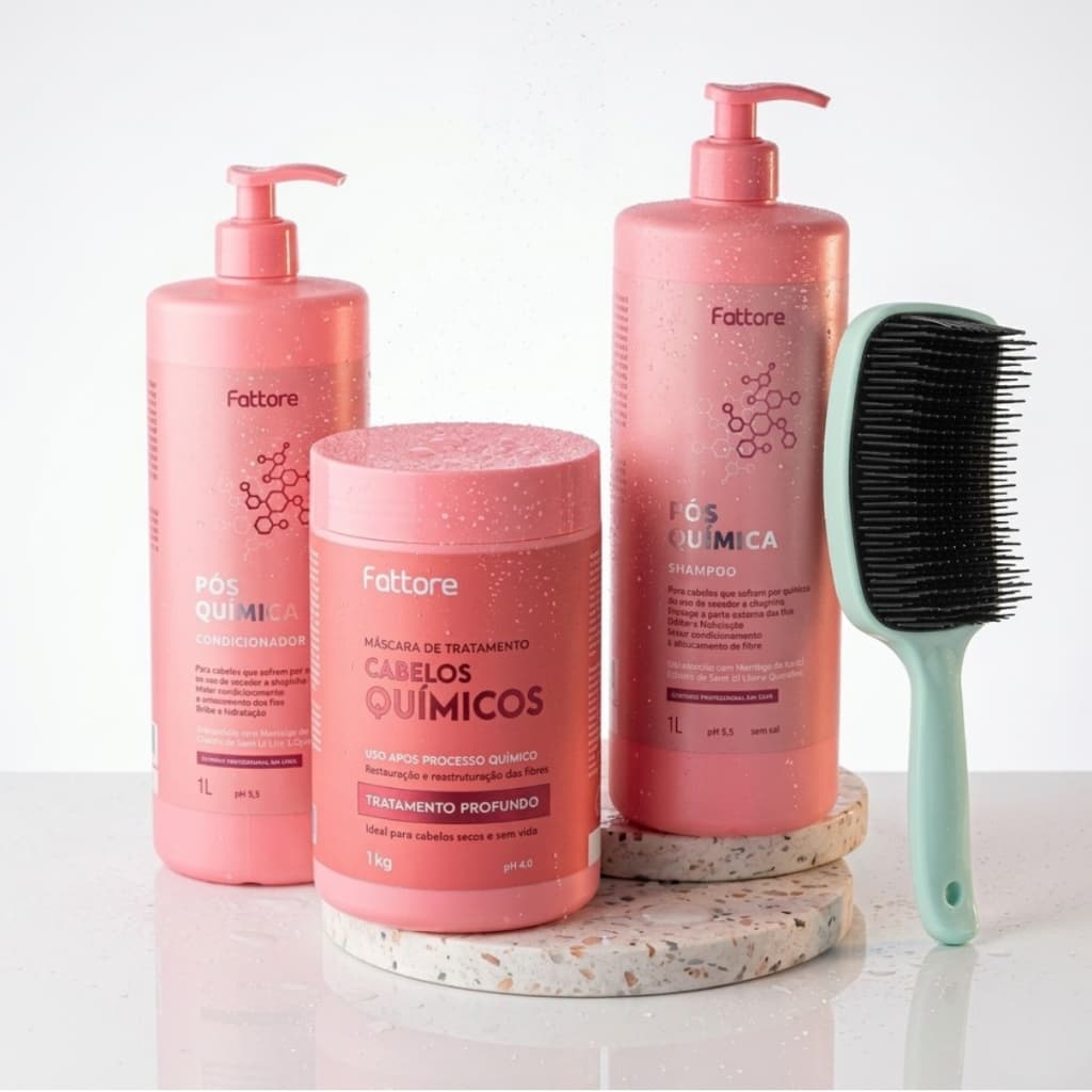 Fattore Kit Profissional Tratamento Pós-Química Shampoo e Condicionador 1L + Máscara 1KG + Escova Raquete