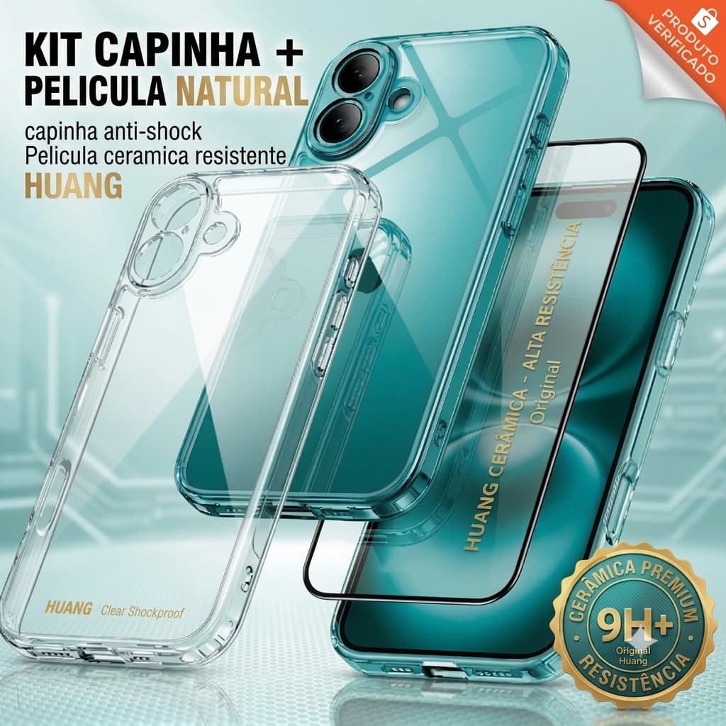 Kit Capa Capinha + Película Cerâmica natural resistente 3D 9D iPhone 15,16,17, Pro,  Pro Max, Plus