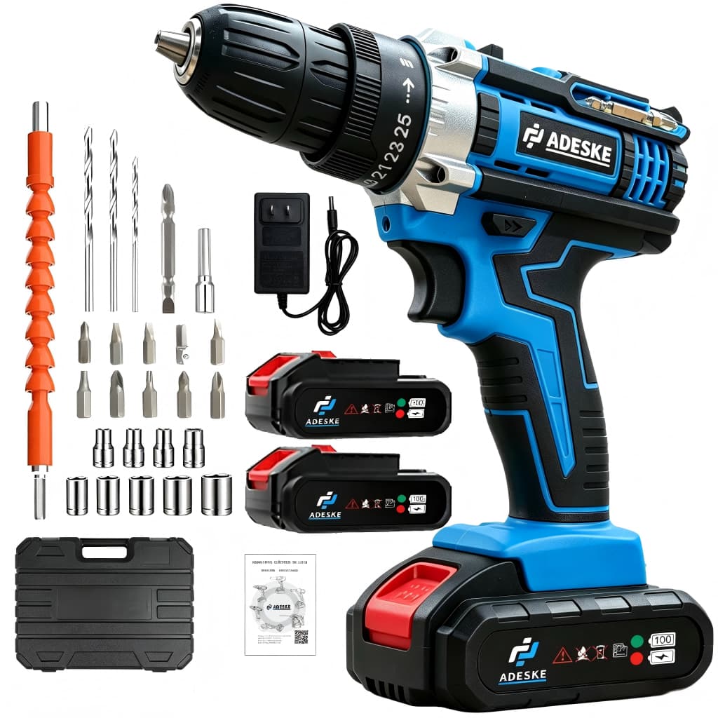 Parafusadeira Impacto ADESKE 2/3 Funções, Kit 1 ou 2 Baterias, Maleta com Brocas Soquetes e Acessórios Diversos