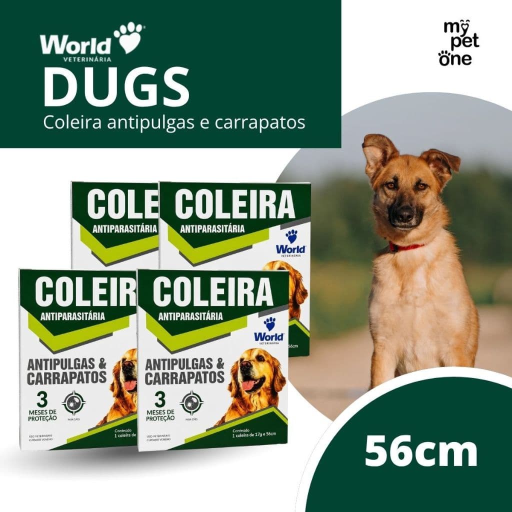 Kit 4 Coleira World Veterinária Dug's 17g Antipulgas para Cães - 56cm