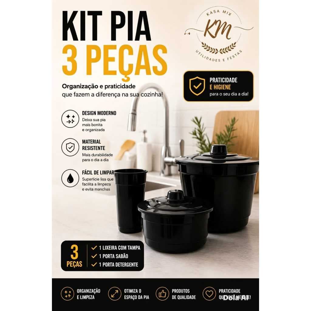 Conjunto kit pia 3 Peças Lixeira, porta sabão e bucha e porta detergente cozinha area gourmet