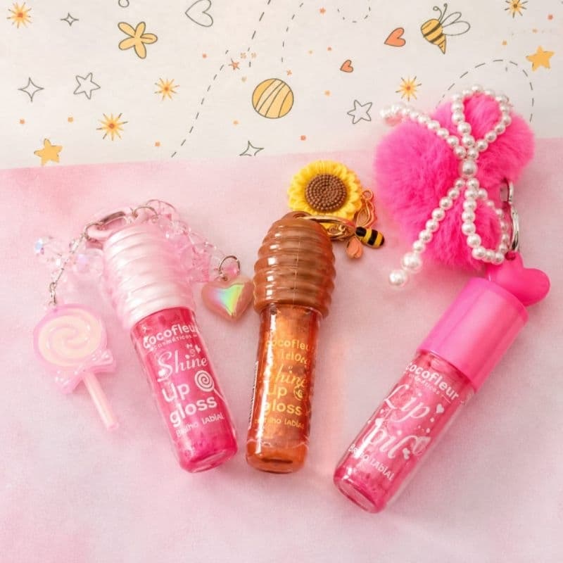 kit Brilho Labial Hidratante com Pingentes kit 3 Gloss Labi Cute com Pompom e Pingentes 3 Gloss com Presente Fofo