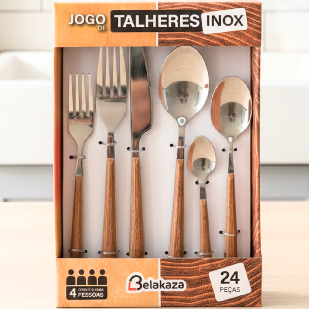 Faqueiro Madeira 24peças Organic De Aço Inox Cabo Estampa