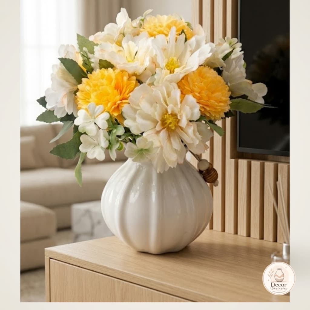 Vaso Decorativo Cerâmica Branco Luxo Flor Tulipa Moderno para Sala Rack Aparador e Decoração