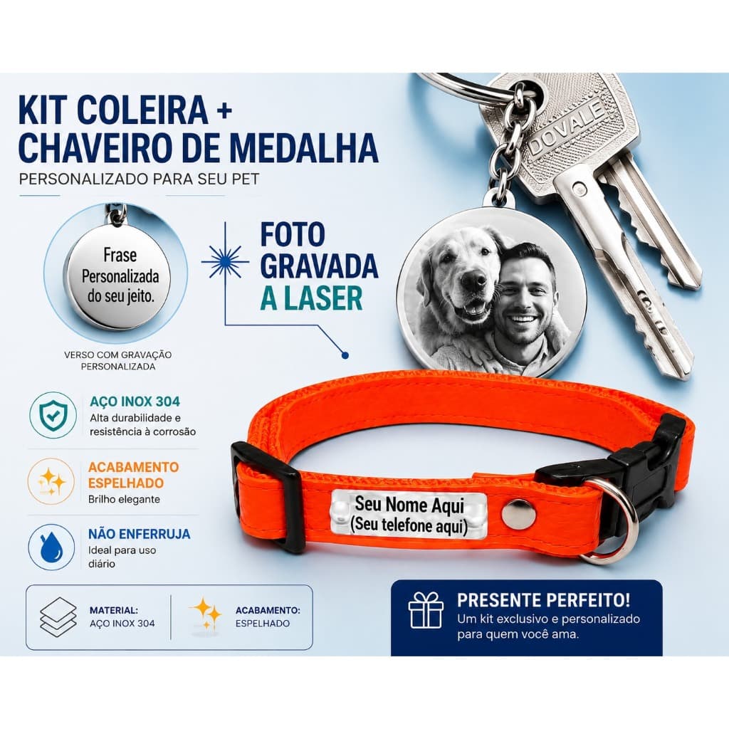 COLEIRA PERSONALIZADA COM CHAVEIRO ESPECIAL DE PRESENTE PARA DONO.