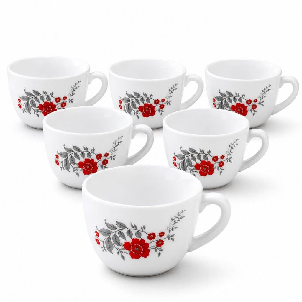 Jogo 6 Xícaras Café Vidro Opalino Floral Branco 130ml