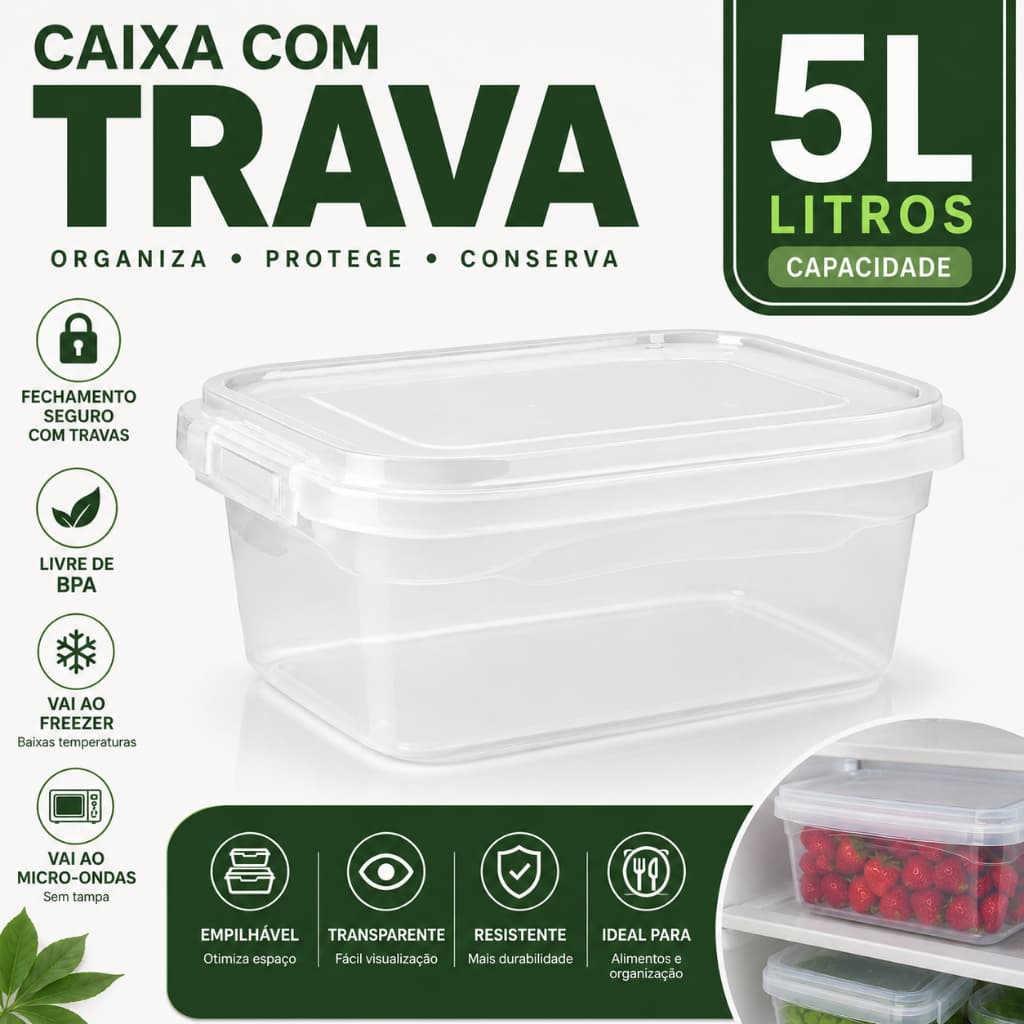 Kit Organizador Transparente 5 Litros Com Trava Caixa Multiuso Roupas Brinquedos Escritório