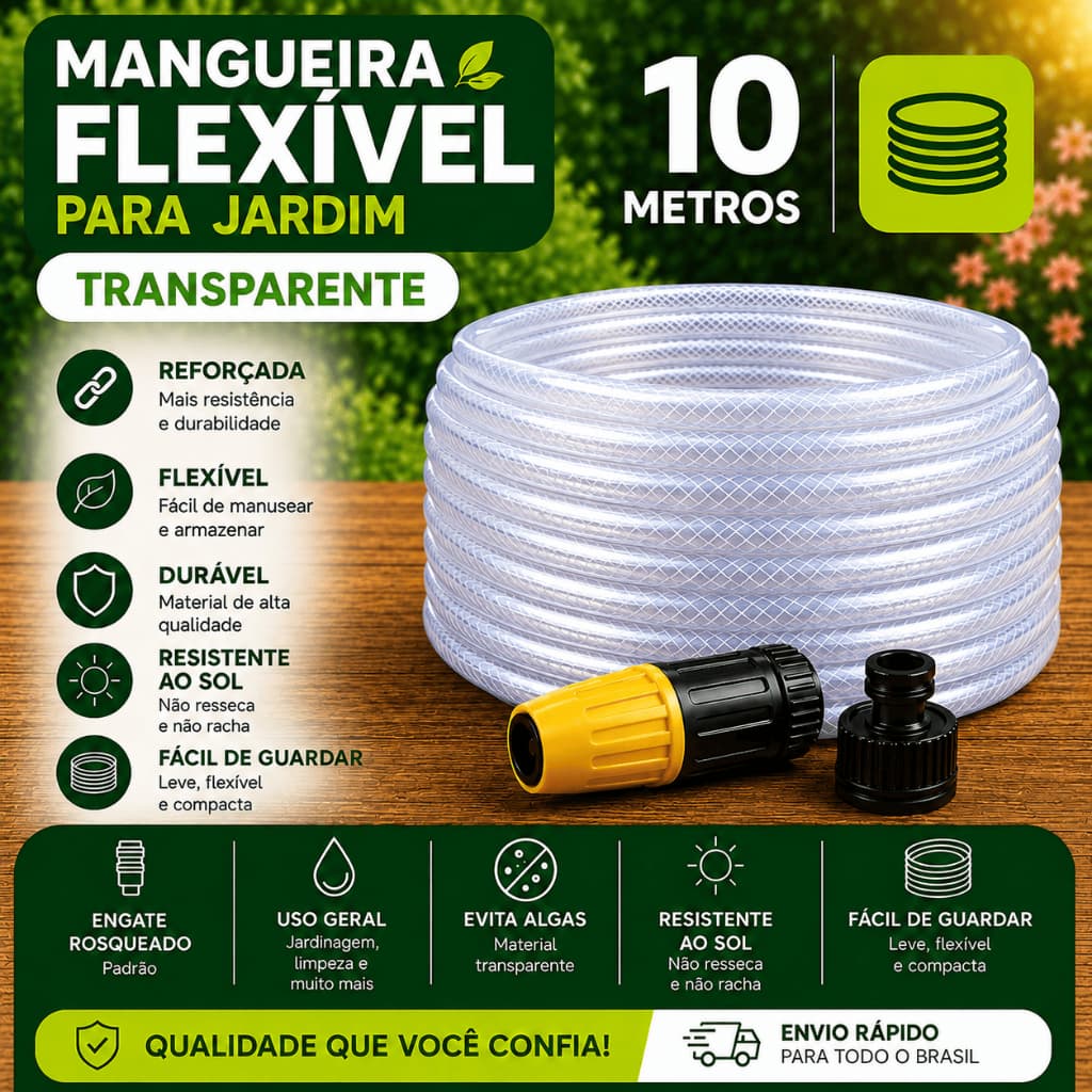 Mangueira Trançada 10 Metros Transparente CristalFlexível Jardim com Engate e Esguicho Quintal Resistente 3/8 Force Line